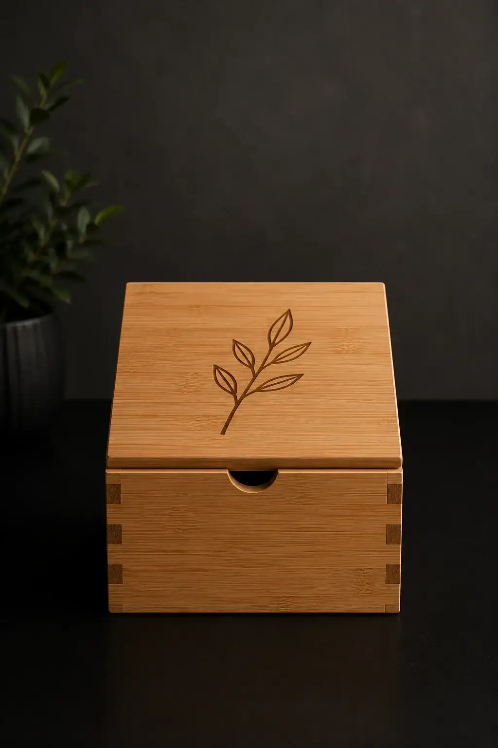 Caja cuadrada de bambú cerrada, con una rama de hojas grabada en la tapa, las uniones dentadas visibles en las esquinas y una muesca semicircular al frente para abrirla