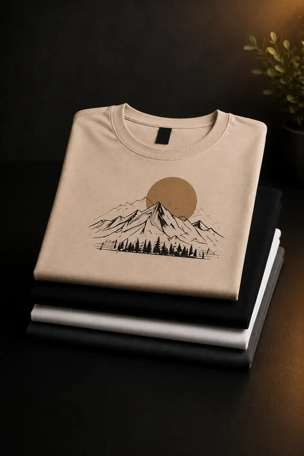 Camiseta beige doblada con un paisaje de montañas, pinos y un sol dorado estampado al frente, encima de una pila de camisetas negra, blanca y gris