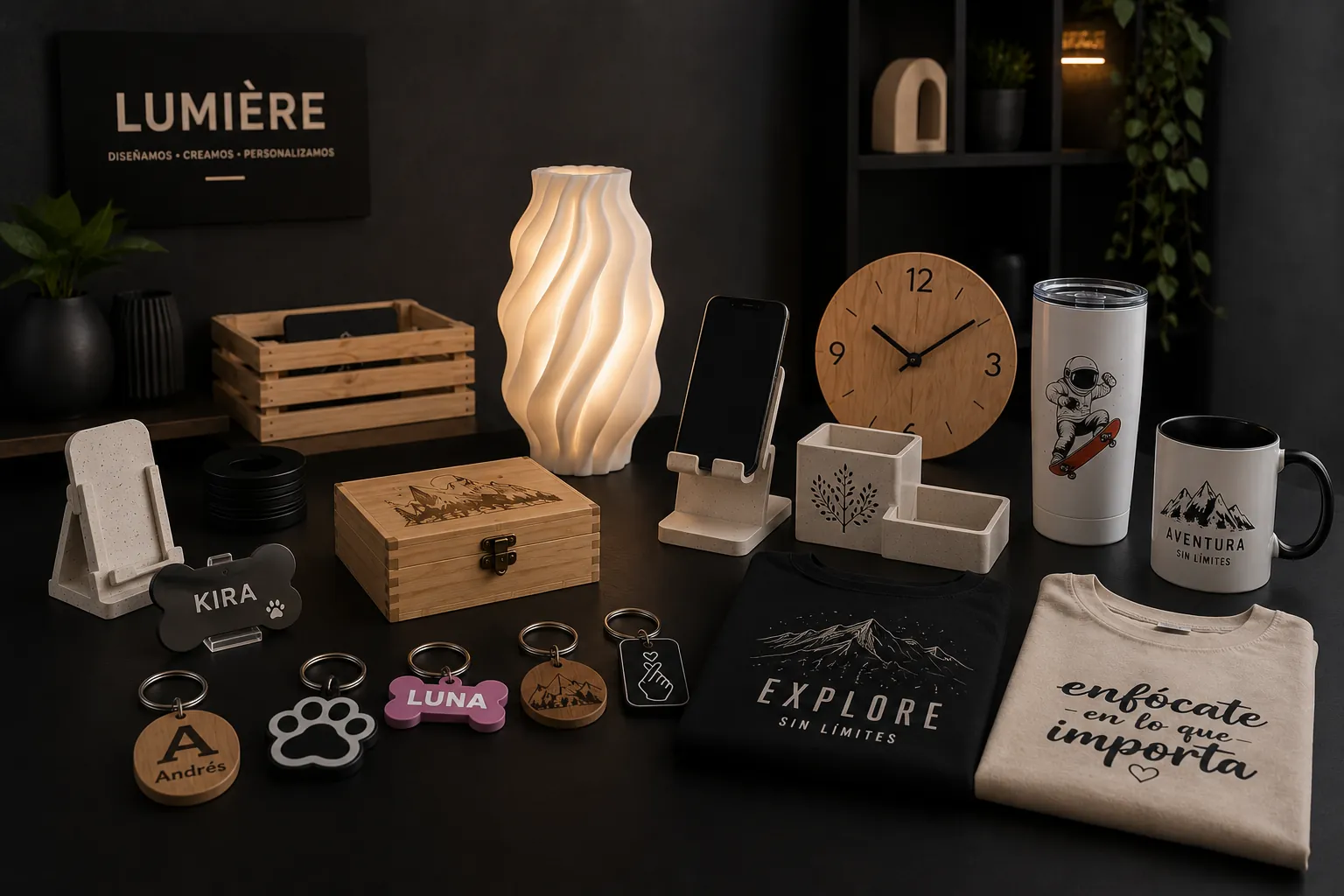 Mesa con piezas de Velve: lámpara impresa en 3D encendida, caja de madera grabada, reloj, termo, mugs, camisetas estampadas y llaveros personalizados