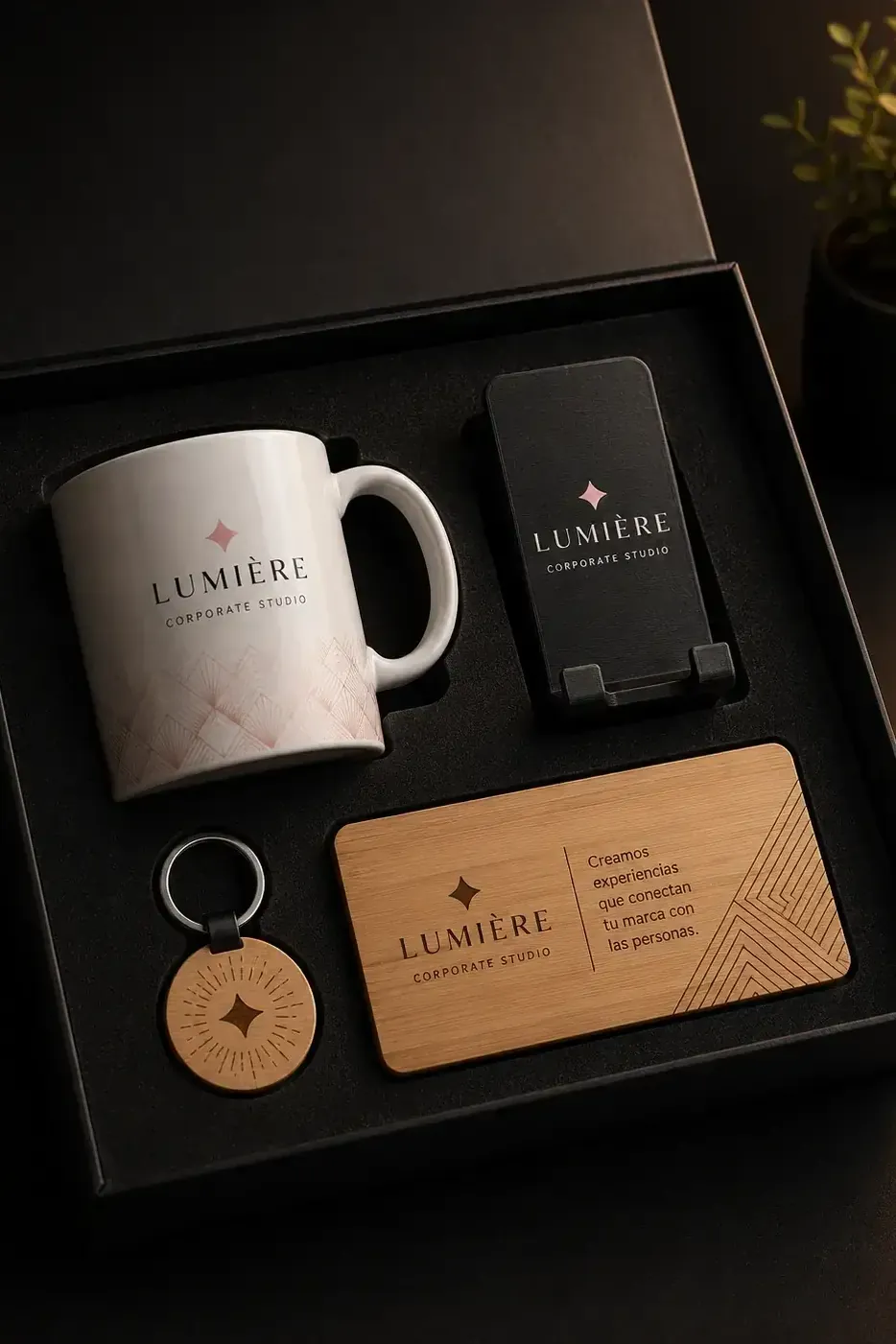 Caja rígida negra abierta con espuma troquelada: adentro, una taza blanca, un soporte de celular negro, un llavero redondo de bambú y una placa rectangular de madera grabada, los cuatro con el logo de una empresa cliente