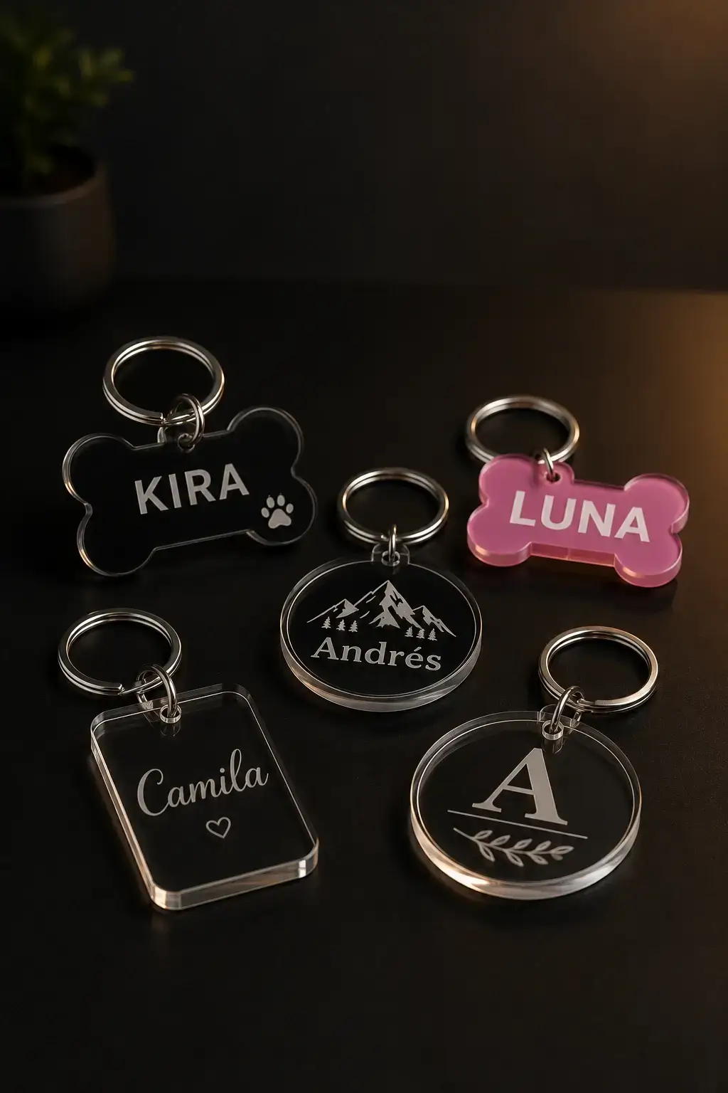 Cinco placas de acrílico con argolla sobre una mesa oscura: dos en forma de hueso, una negra y otra rosada, y tres transparentes —un rectángulo, un círculo con montañas y otro con una letra inicial—, todas grabadas con nombres