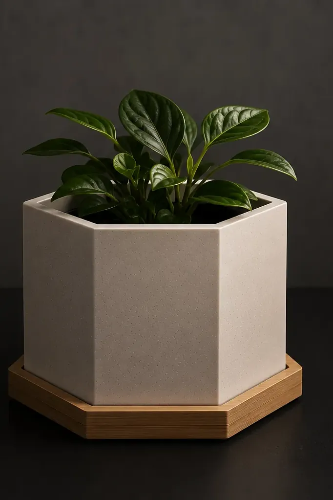 Maceta de seis caras en blanco hueso con textura mate, apoyada sobre un plato hexagonal de bambú, con una planta de hojas verdes anchas y brillantes
